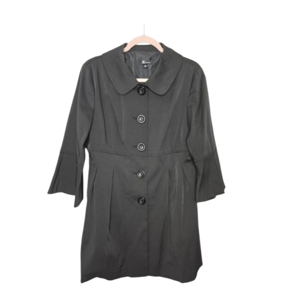 AB Studio Black Collared Lined Flare Bell Sleeve Button Down Pea Coat Size 10